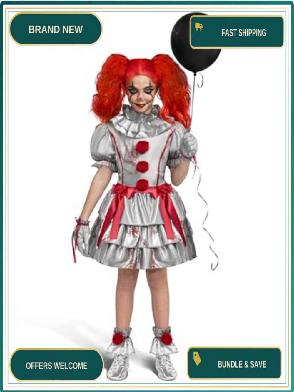 Girls Evil Clown Costume Dress Gloves Boot Covers Halloween Scary Jester